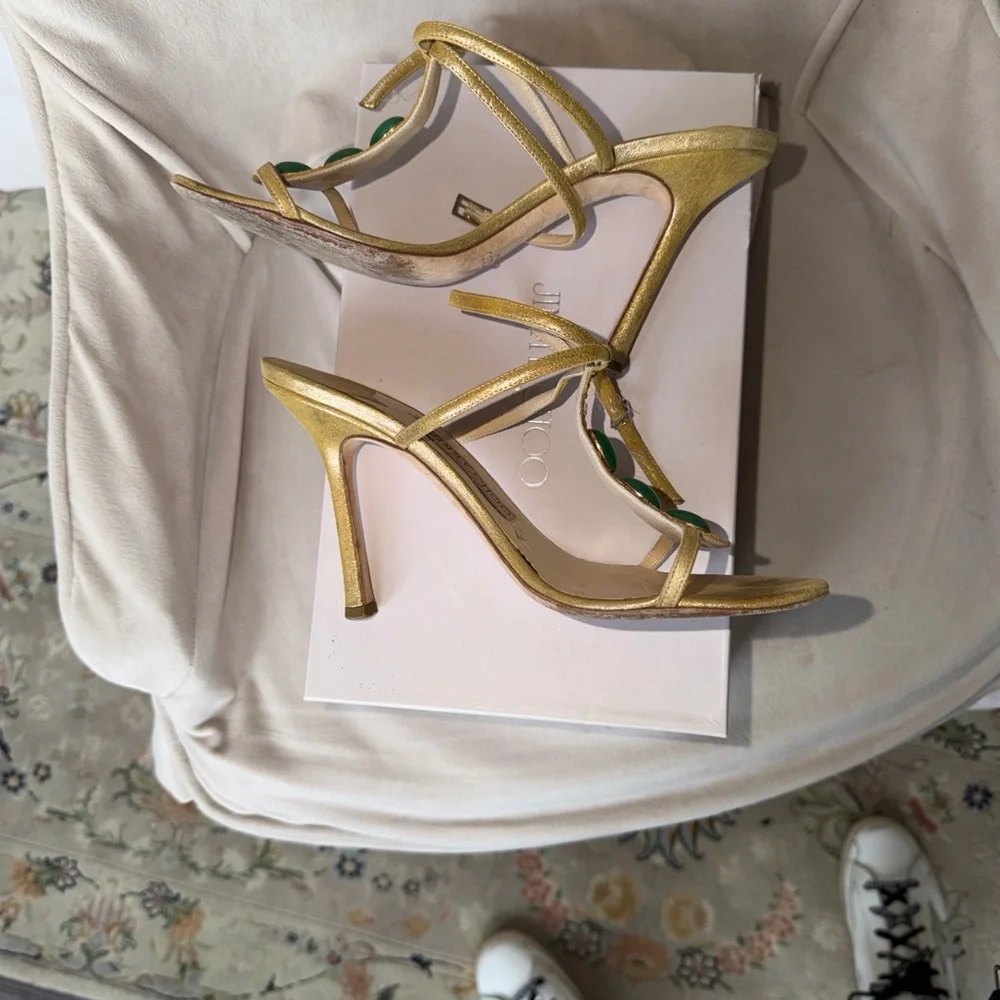 JIMMY CHOO Metallic Gold Strappy Stiletto Sandals with Green accents. Size 8.5